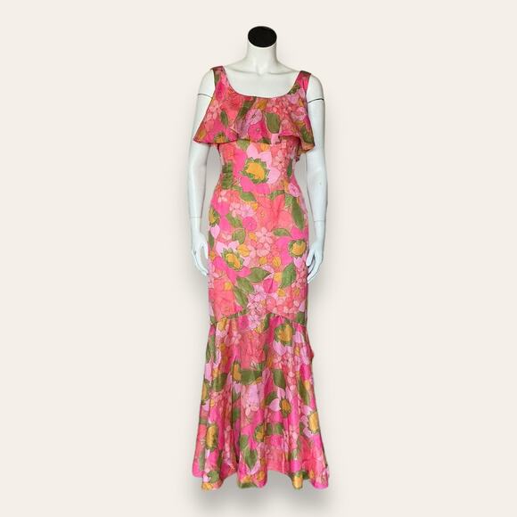 Vintage Hawaiian Pink Floral Mermaid Dress | Ruffle Scoop Neck - Picture 1 of 8